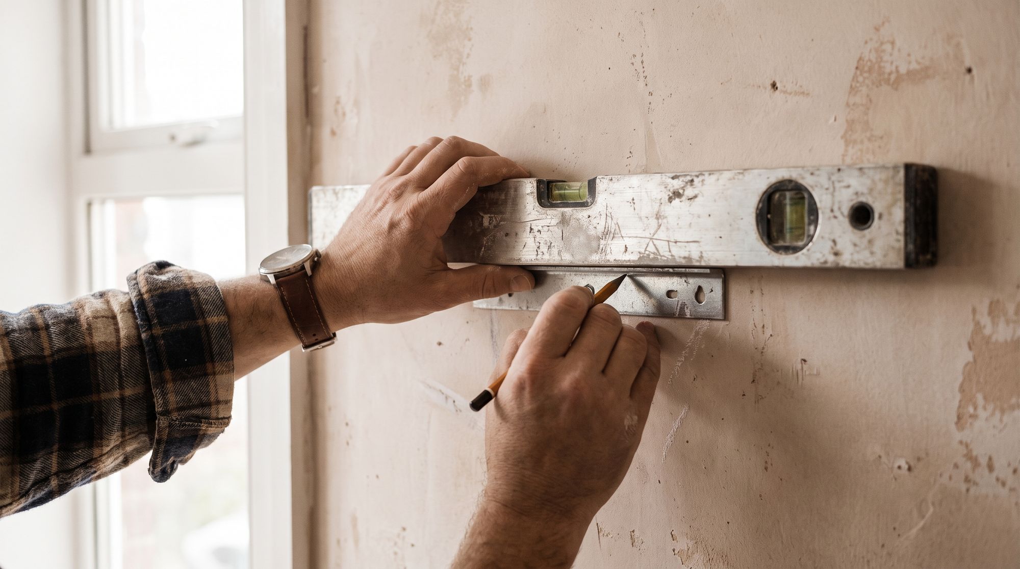 Hands holding a level against a wall and marking the screw hole in pencil